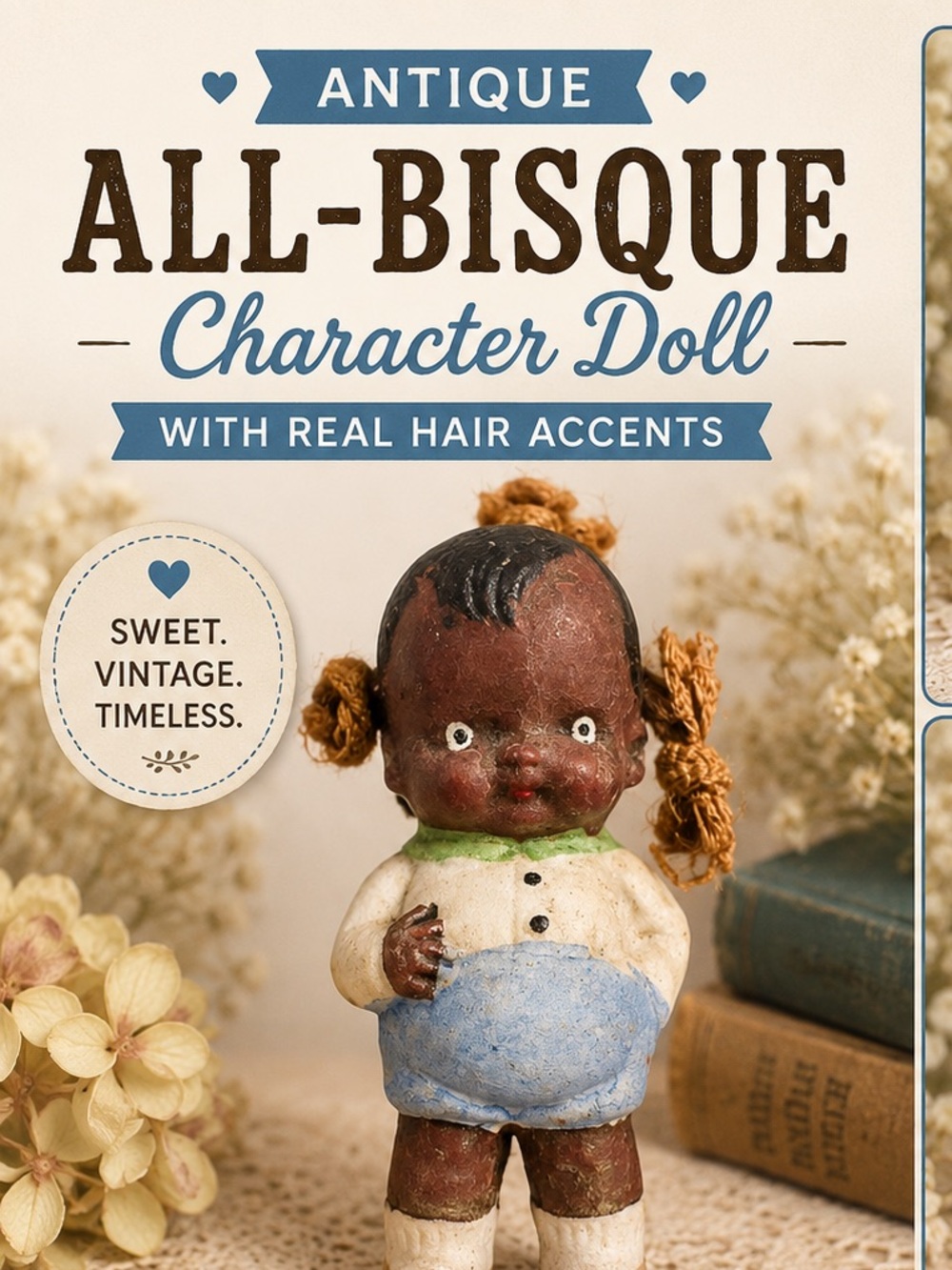 Vintage Ruby lane All-Bisque Black Character Doll with Blue Outfit